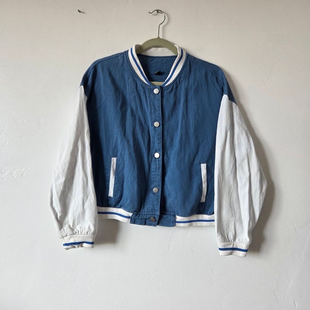 Varsity Letterman Bomber Jacket Sporty Grunge Y2K 90s Style Blue White Retro 1XL